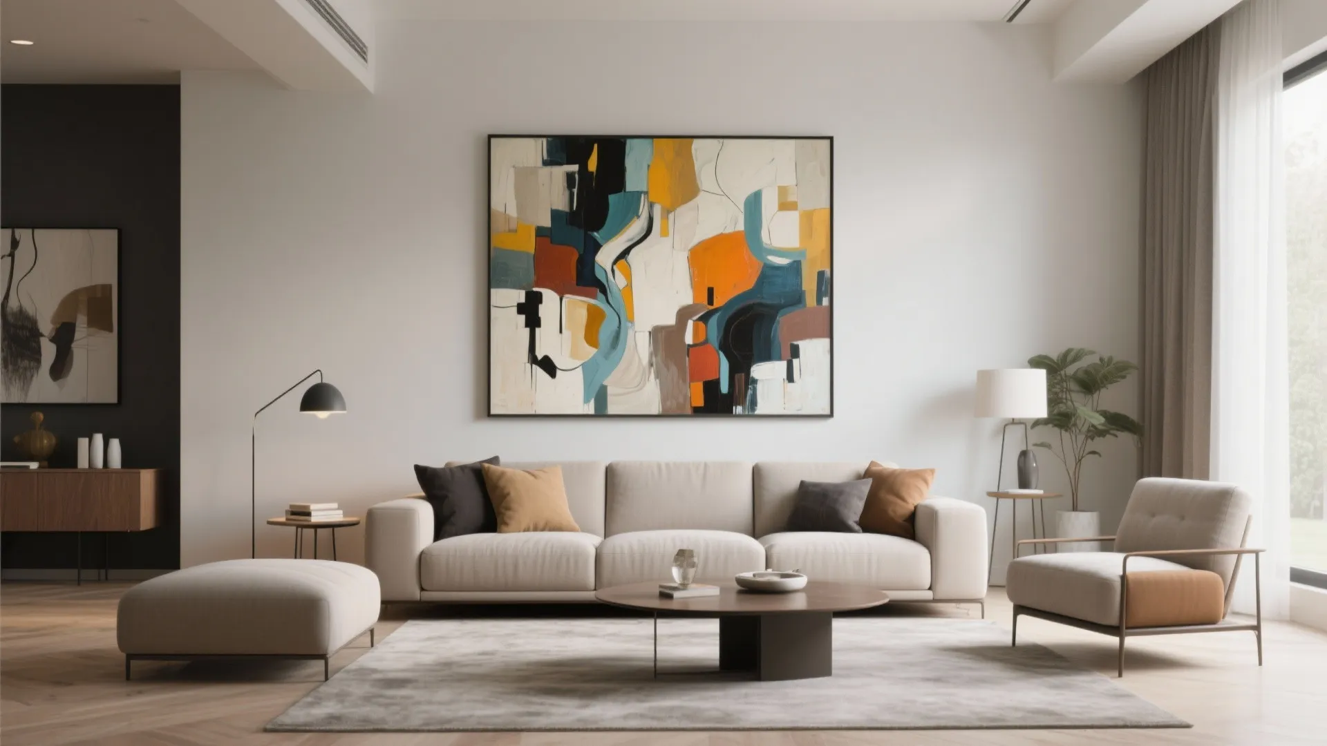 Modern living room with beige sofa large abstract painting wooden coffee table and grey area rug