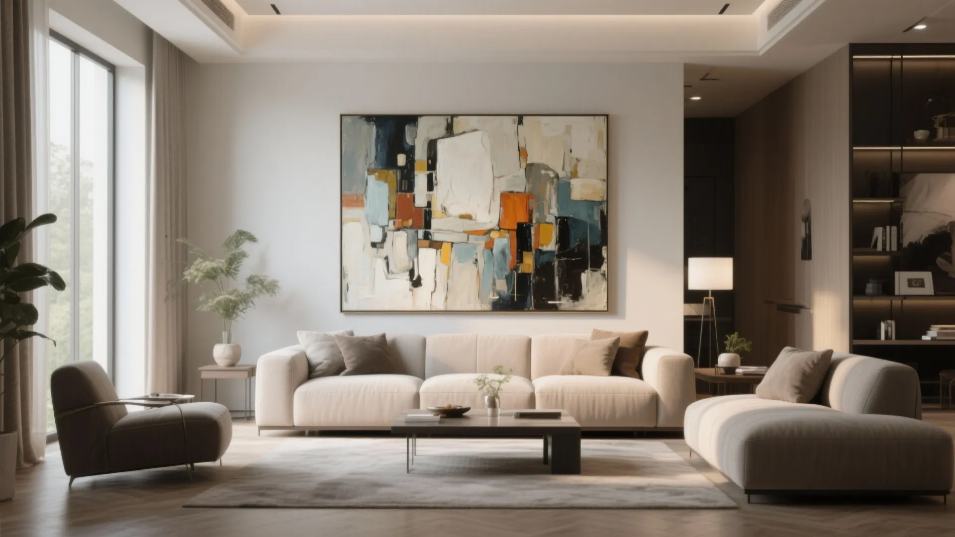 Minimalist living room with white sofa large abstract wall art grey rug and black table