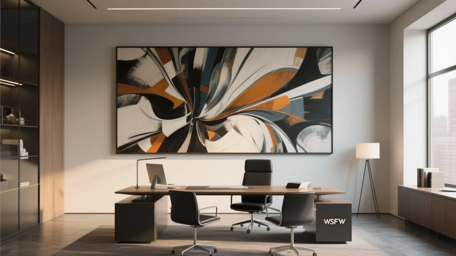 Modern office featuring large abstract wall art over wooden desk with black chairs and walls