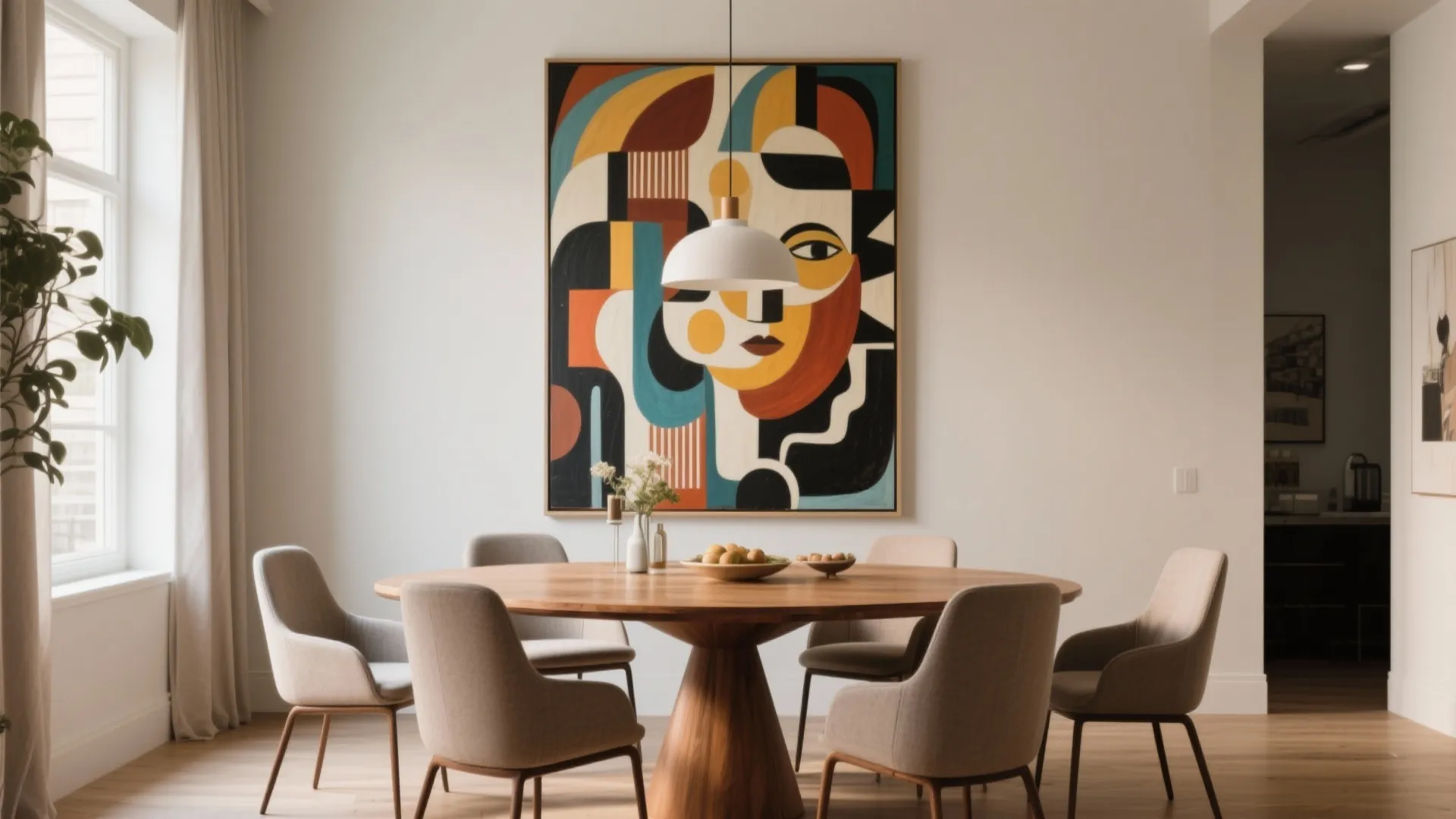 Modern dining area featuring a round wooden table grey chairs and a large colorful painting