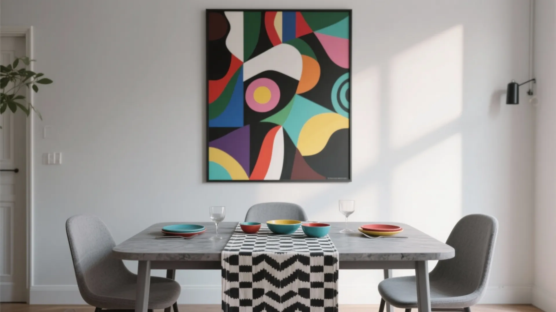 Modern dining table with colorful plates and bowls under a large abstract wall art piece