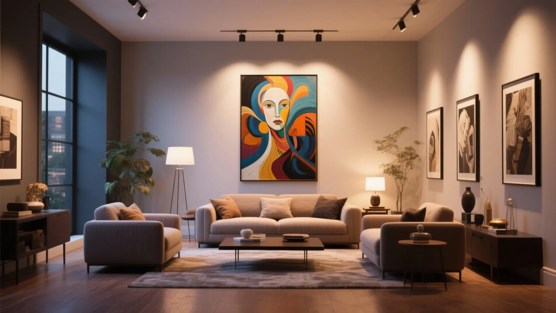 Modern living room featuring colorful wall art grey sofa coffee table floor lamp and track lights