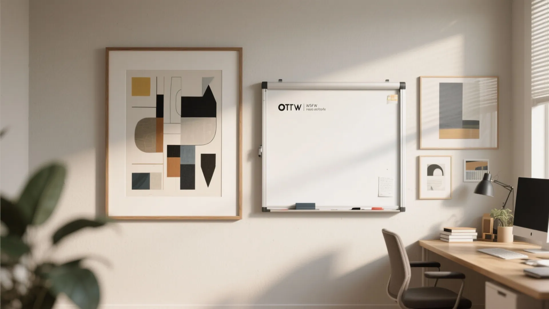 Modern home office wall with abstract framed art next to a white board and desk