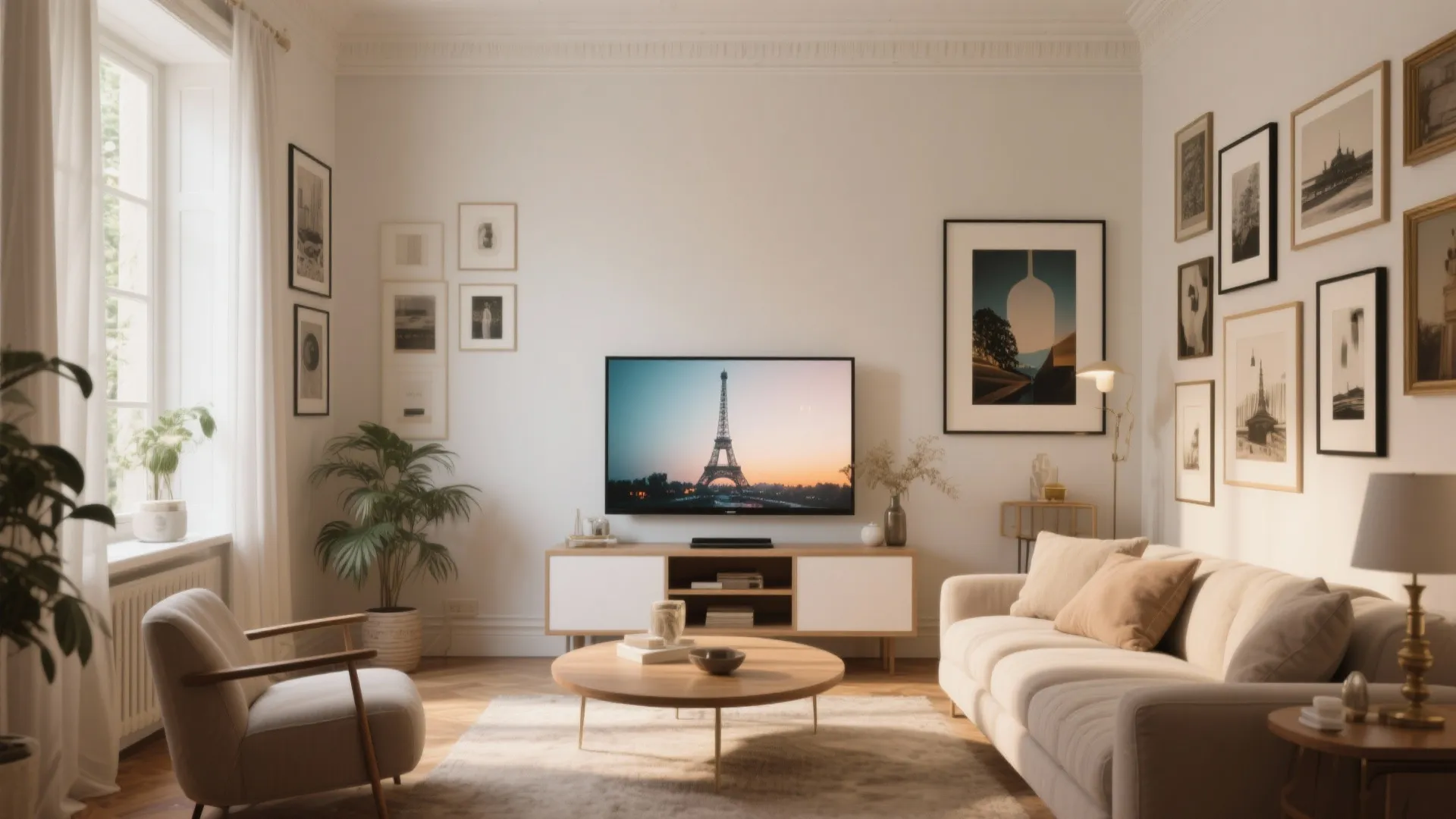 Art frame TV blending into gallery wall in small living room