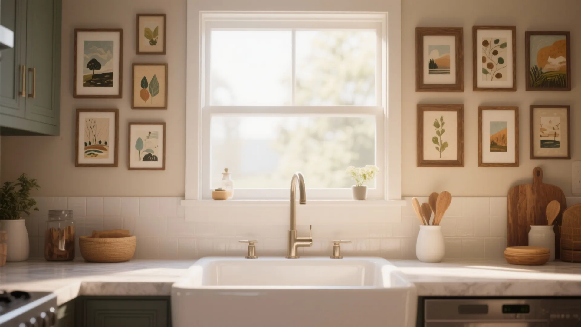 Cozy kitchen interior featuring white sink window view and multiple framed art pieces on the wall