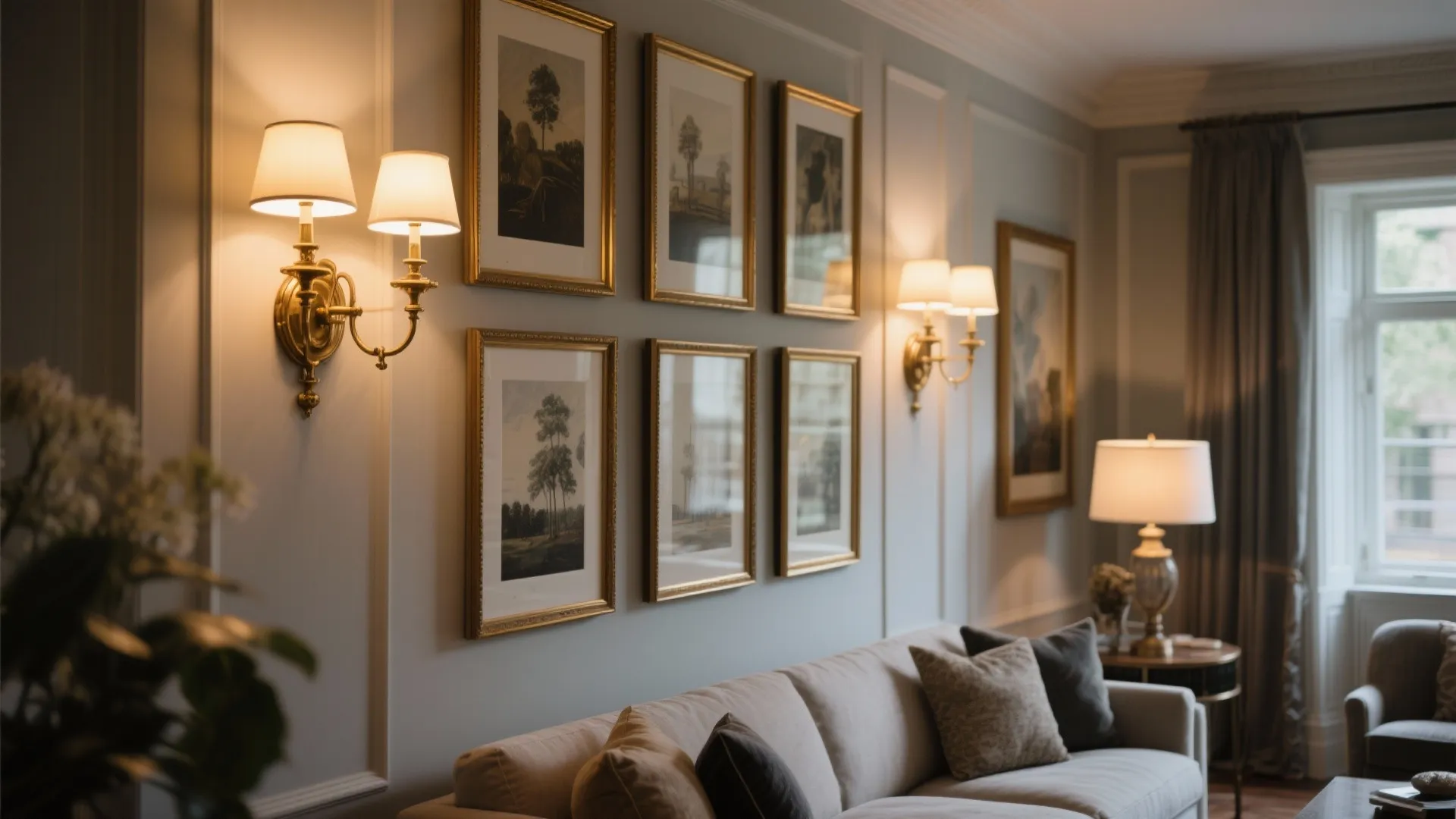 Antique brass wall sconces framing artwork with warm light