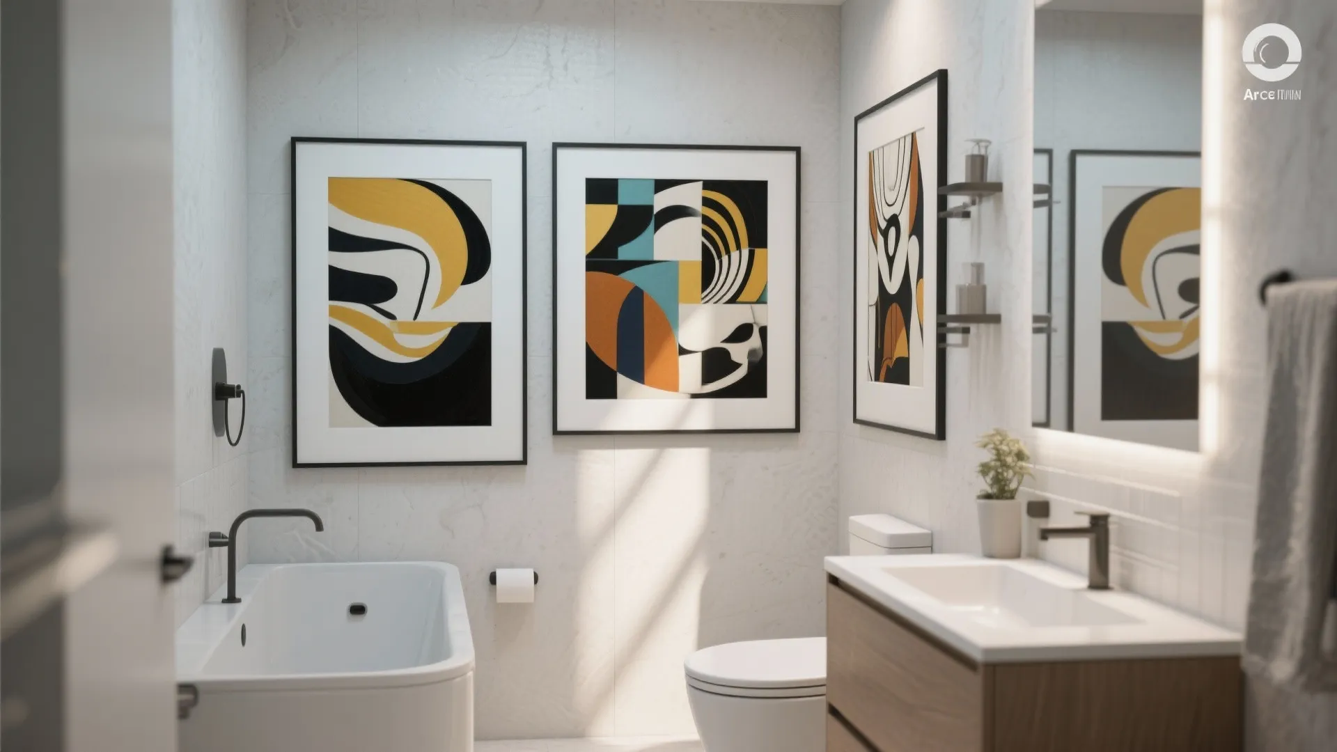Modern white bathroom with abstract wall art wooden cabinet white toilet and simple white bathtub design