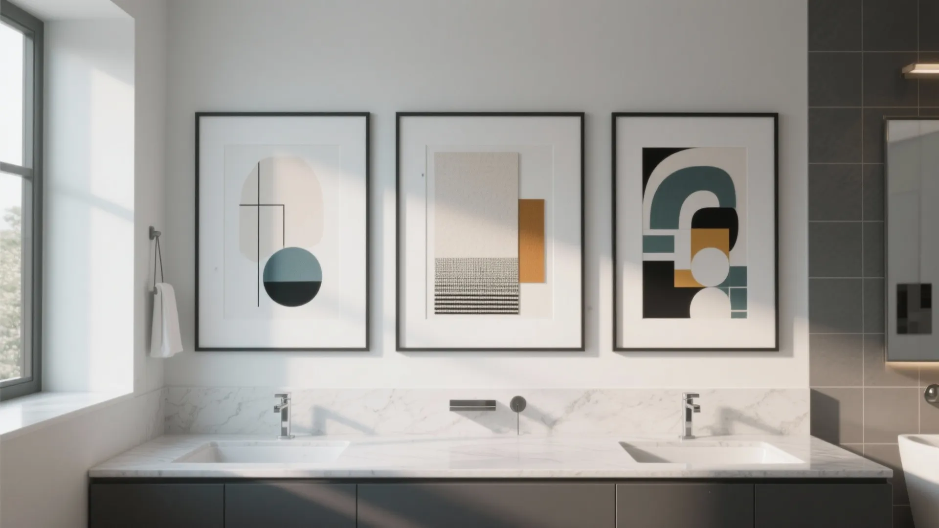 Modern bathroom with double sinks marble countertop three abstract wall paintings and white towel hanging