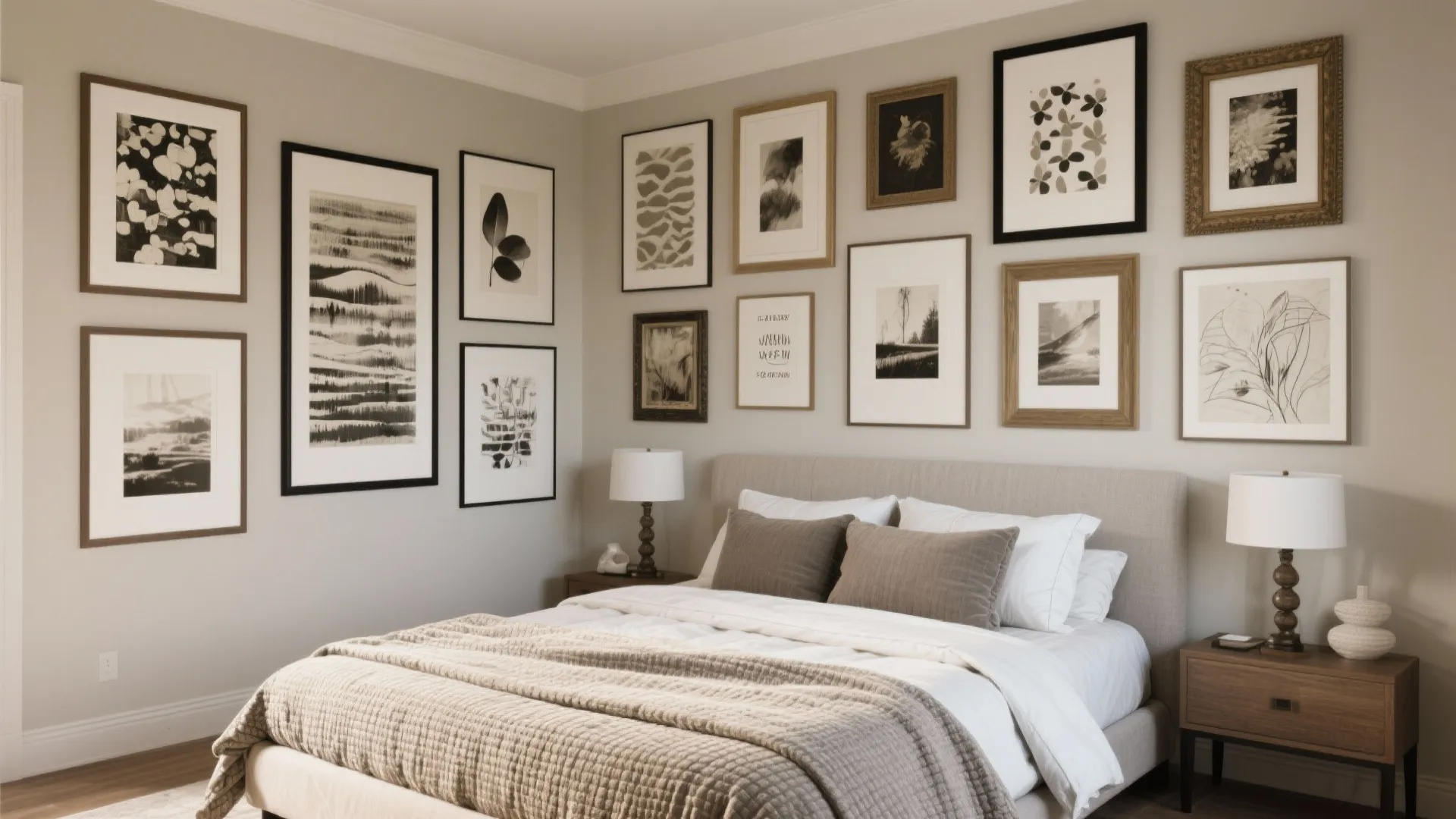 Cosy bedroom with gallery wall showing many framed pictures above bed with pillows and lamps