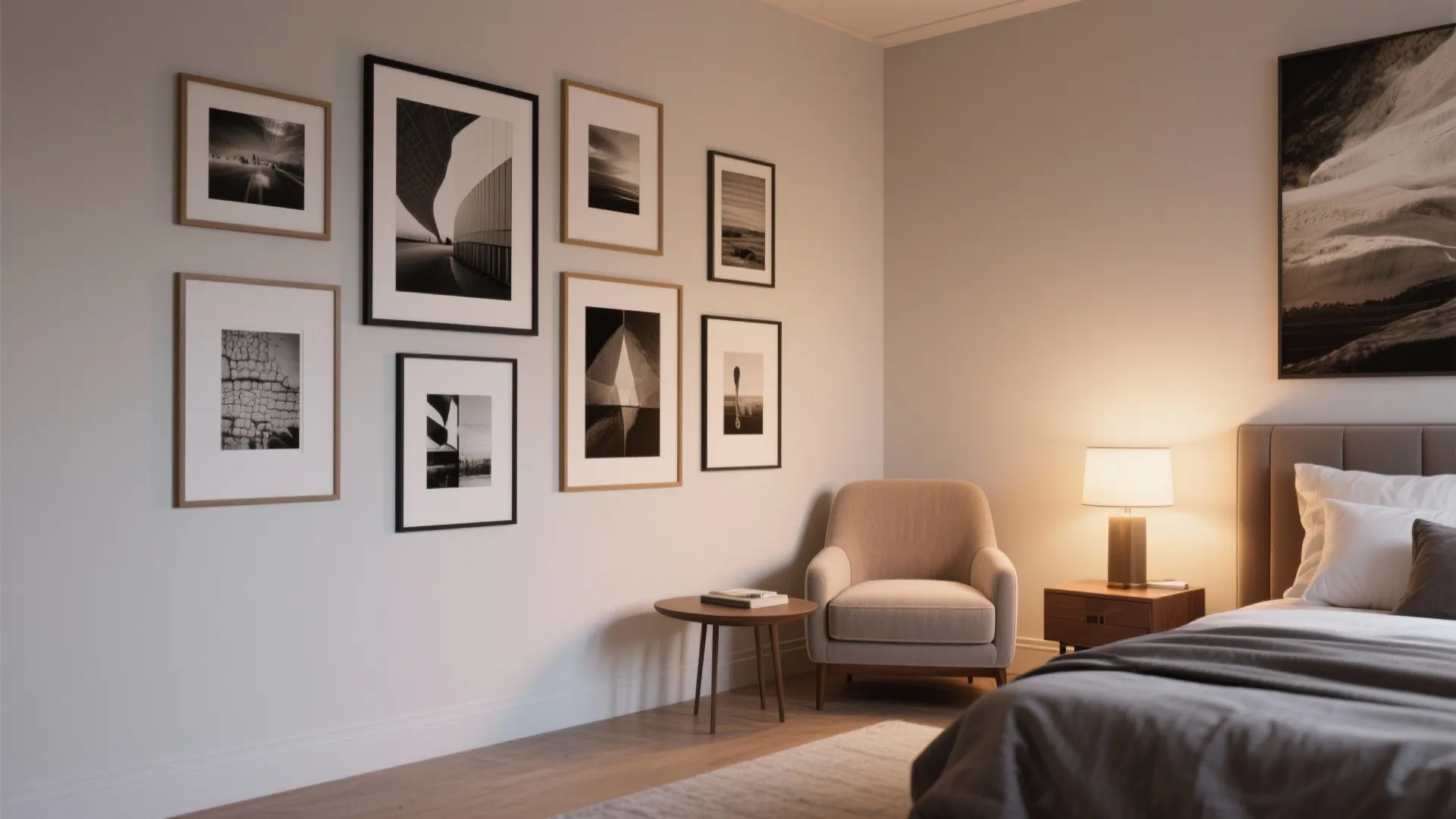Bedroom wall with several framed pictures small round table armchair and lamp on bedside cabinet unit