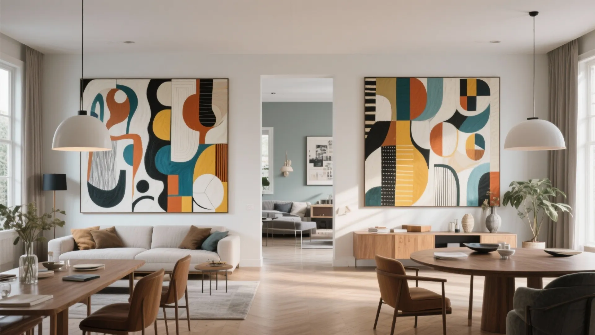 Modern living room with large colorful abstract paintings white sofa wooden table and ceiling lights
