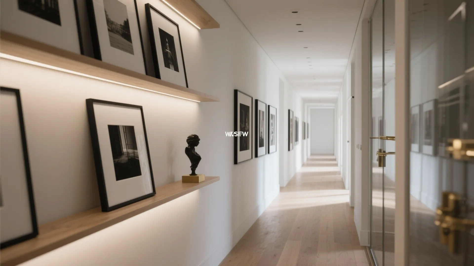 Long white hallway featuring wooden shelves with framed pictures under warm lights and wood flooring