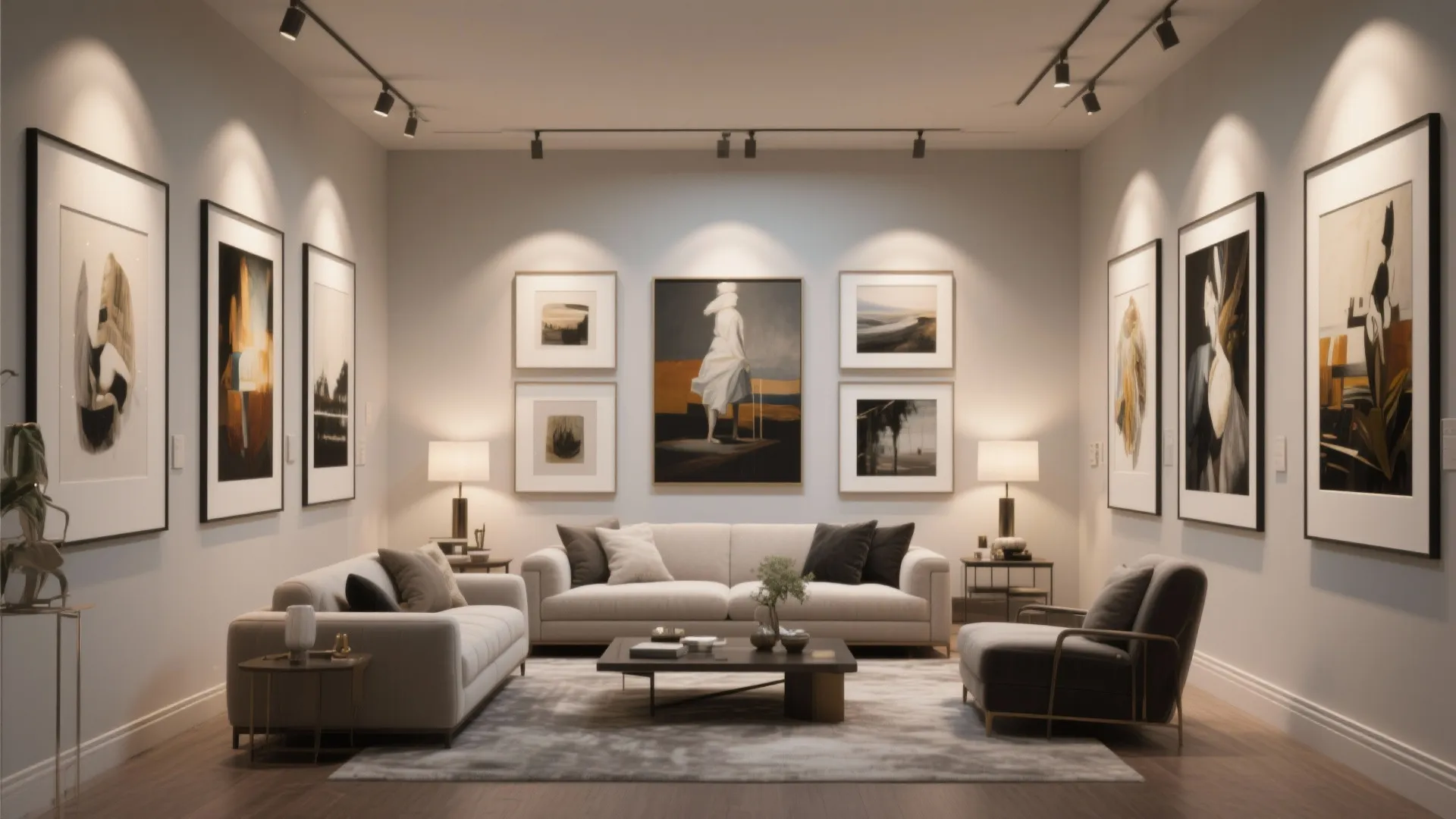 Modern art gallery style living room with grey sofas coffee table and many framed paintings