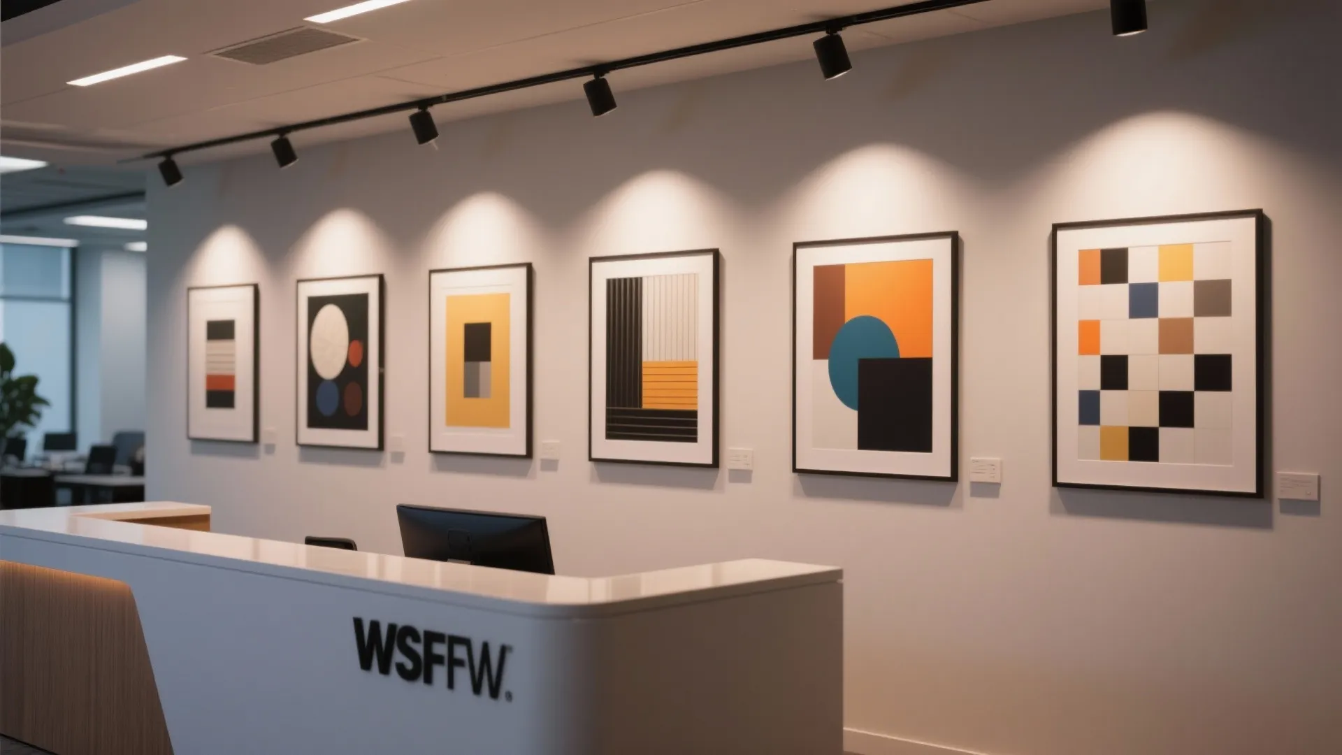 Modern office reception with white desk and several framed colorful abstract art pictures on wall