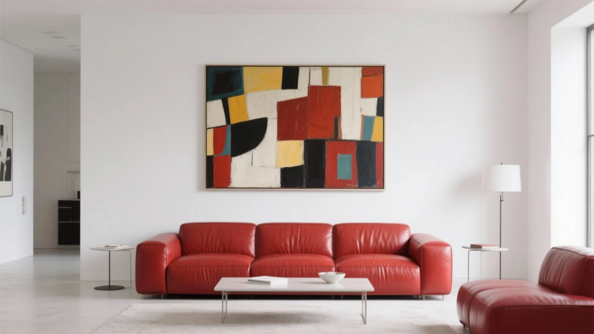 Modern living room with red sofa and abstract art