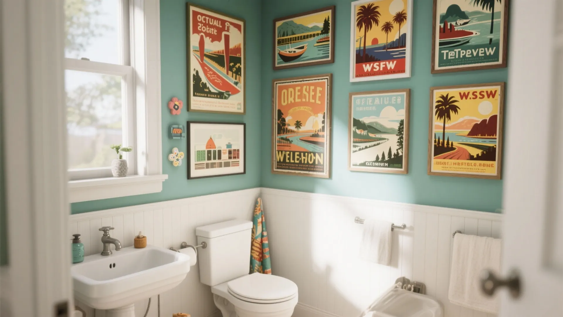 Small bathroom with light blue walls white wall panels colorful posters sink and white toilet