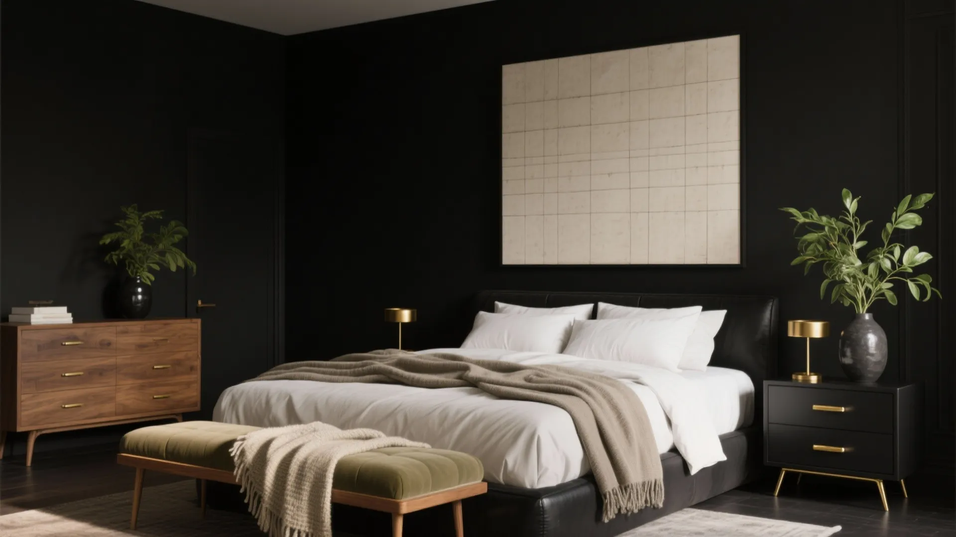Dark bedroom design with white bed green footrest wooden cabinet large wall art gold lamps