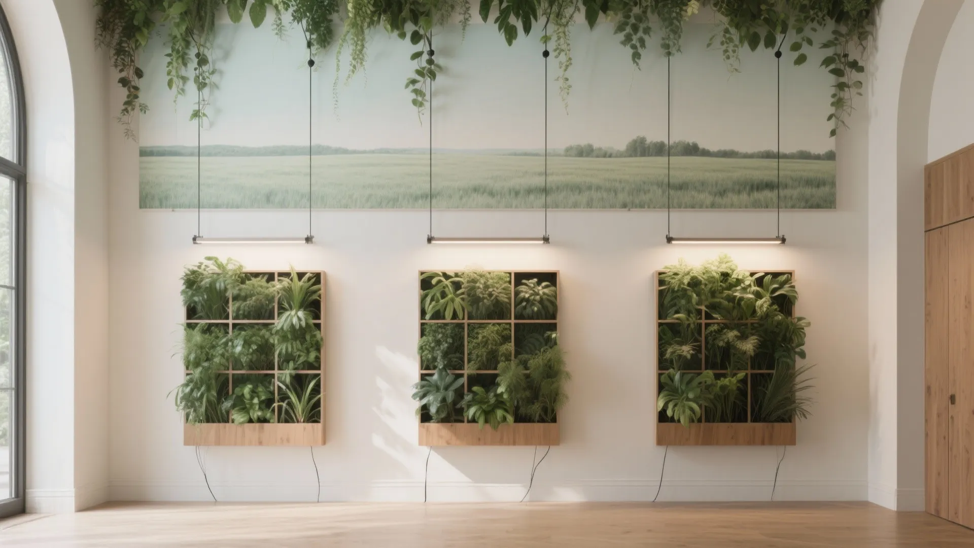 Modern white wall with three indoor vertical garden plant boxes under a large landscape painting