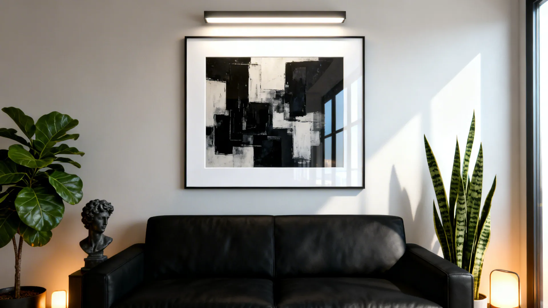 Black sofa with bold framed art and sculptural plants for contrast