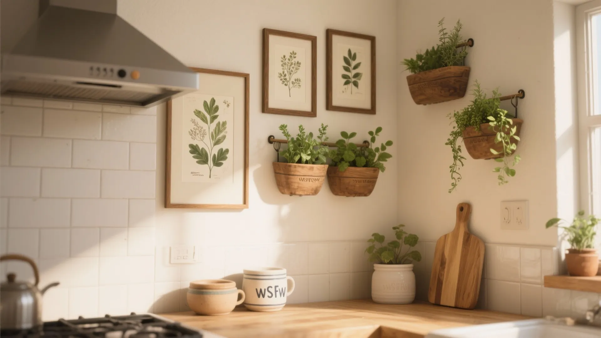 Kitchen wall with framed art and fresh herb planters