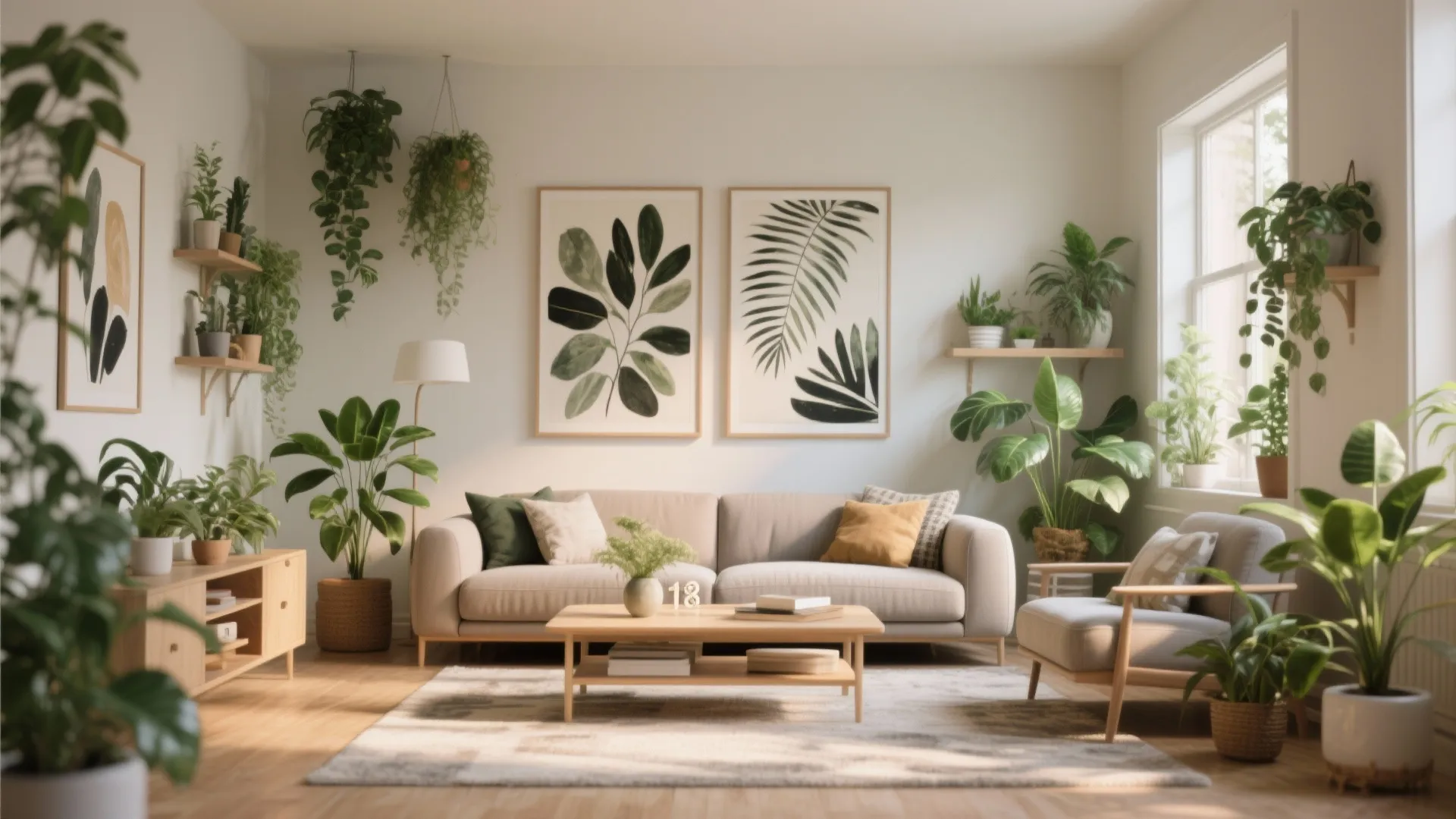 Cozy living room decorated with many green plants framed leaf art prints and wooden furniture