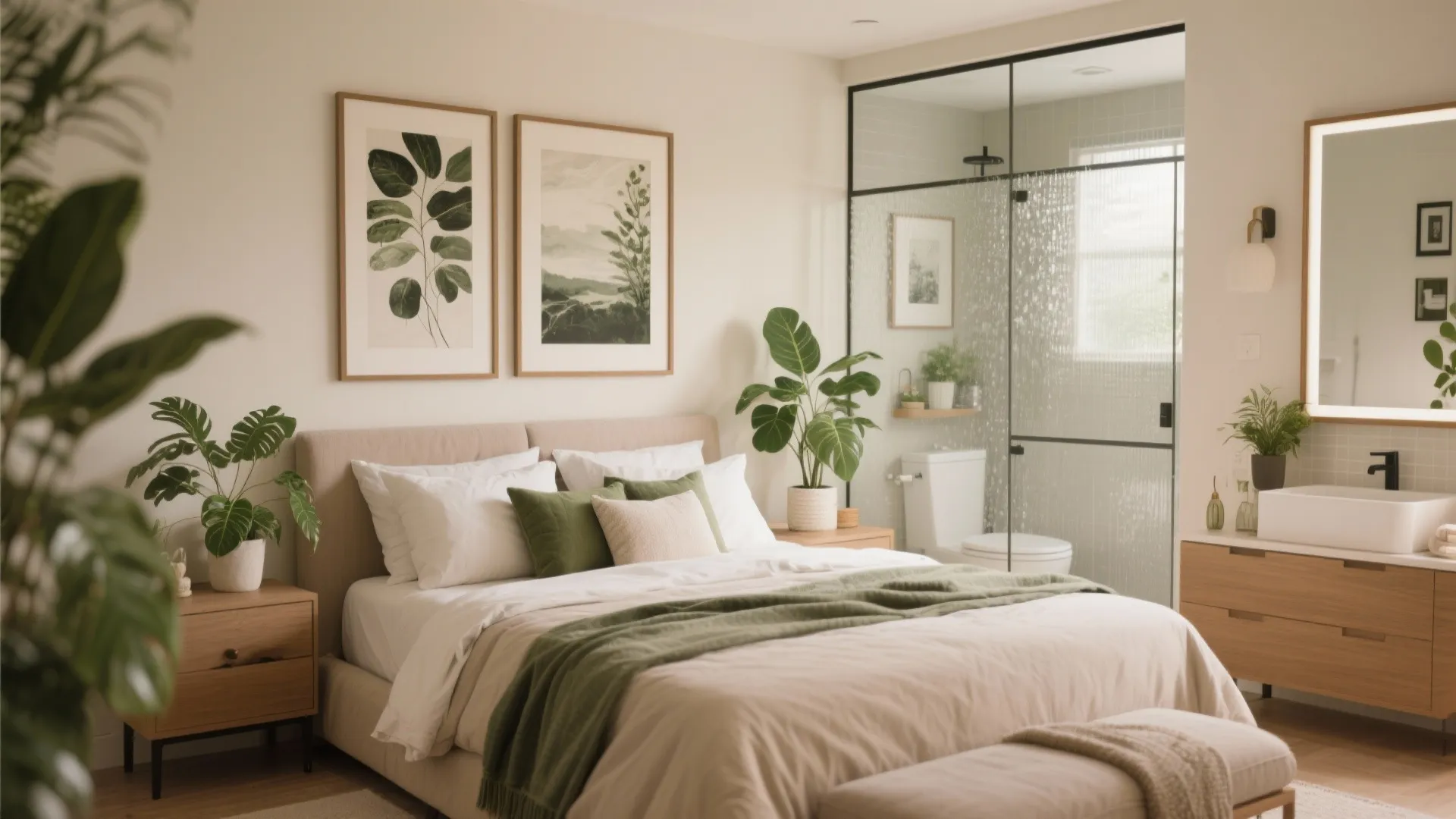 Cozy bedroom featuring green plants wall art and a glass partition separating the integrated bathroom space