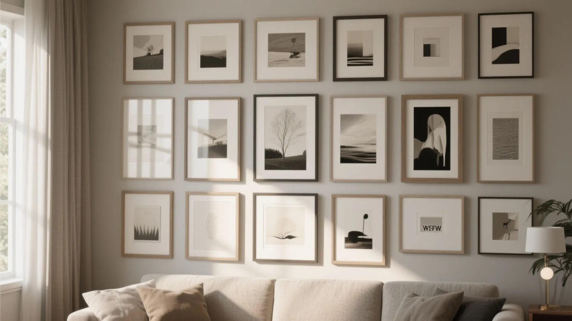 Gallery wall with eighteen framed art pieces above a grey sofa in a bright room