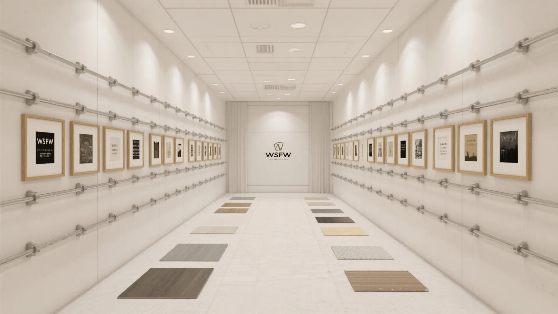 Art gallery display room with framed pictures on metal rails and floor material color samples