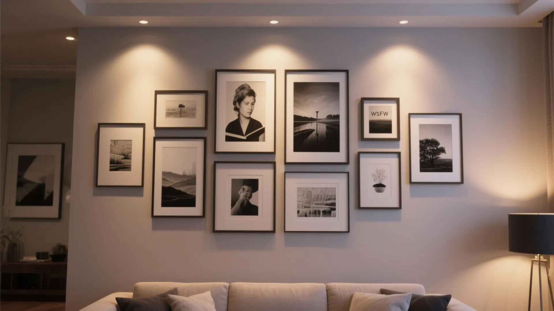 Gallery wall with various black and white framed photos above a sofa with soft lighting