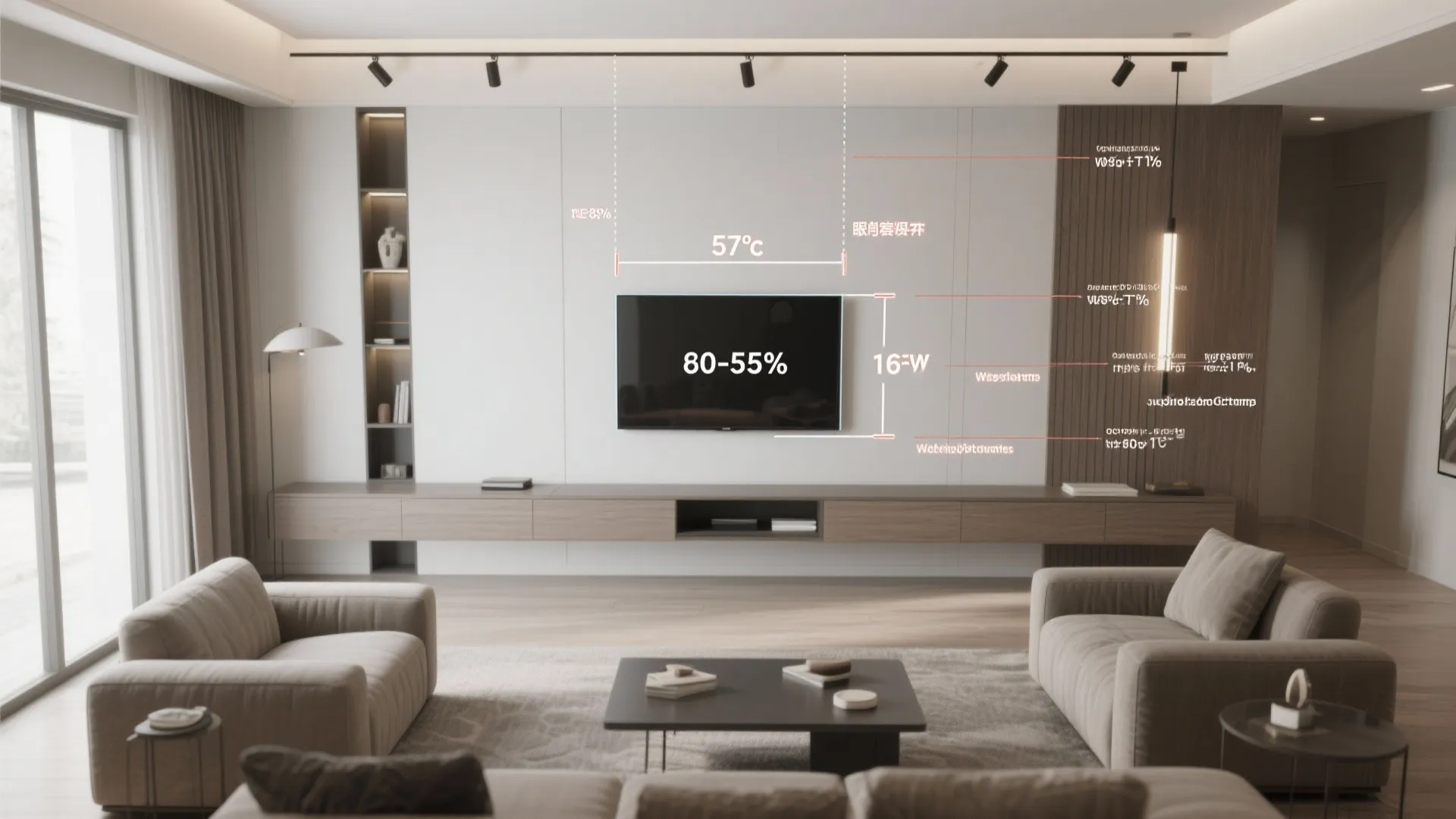 Instructional visual with measurement overlays showing recommended art size and hanging height for living rooms.