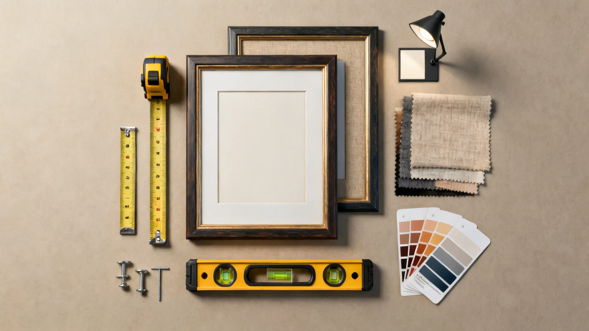 Flatlay of framing tools, measuring tape, mats, and hanging hardware for art placement