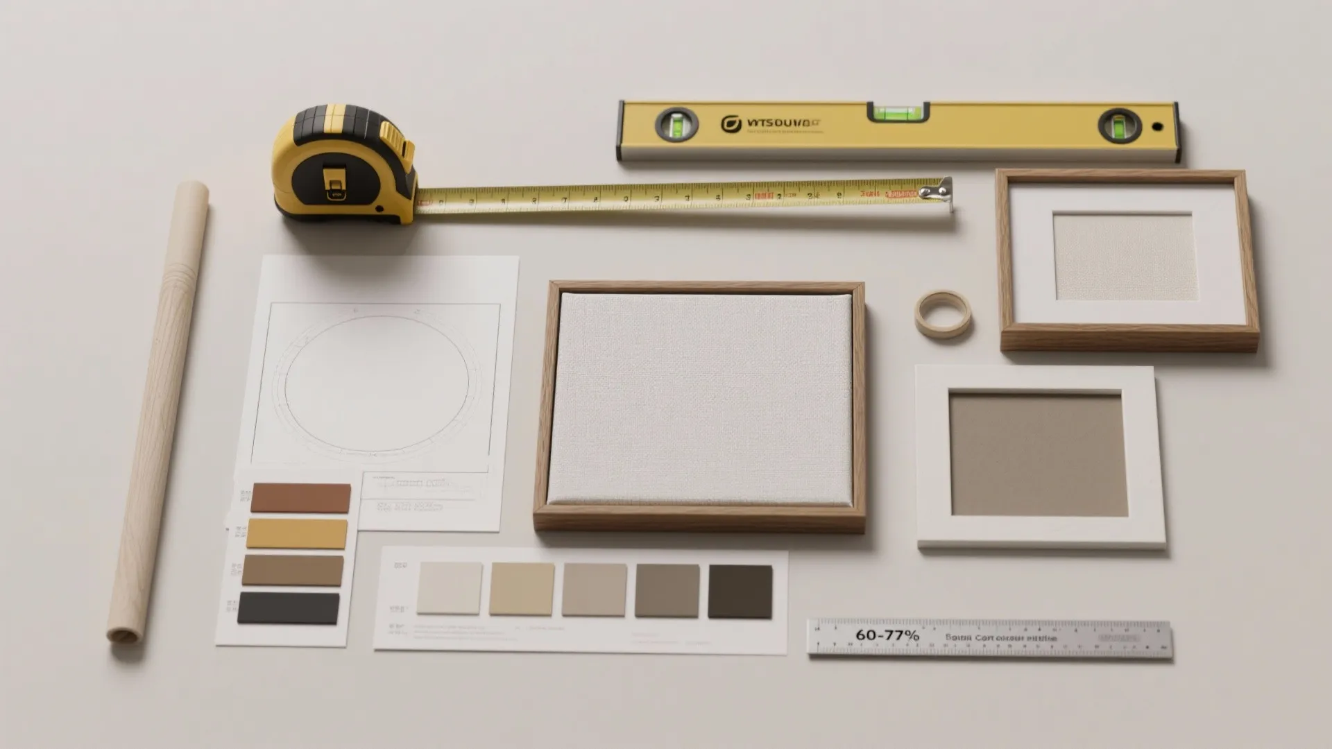 Art hanging tools including measuring tape spirit level wooden frames color palettes and a metal ruler