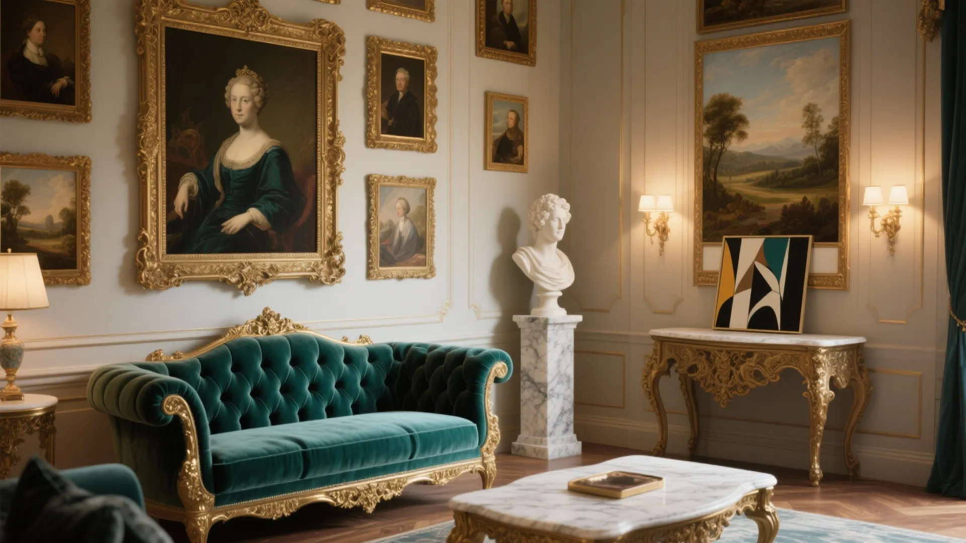 Emerald green sofa in a classic room with many gold framed portraits and marble side table