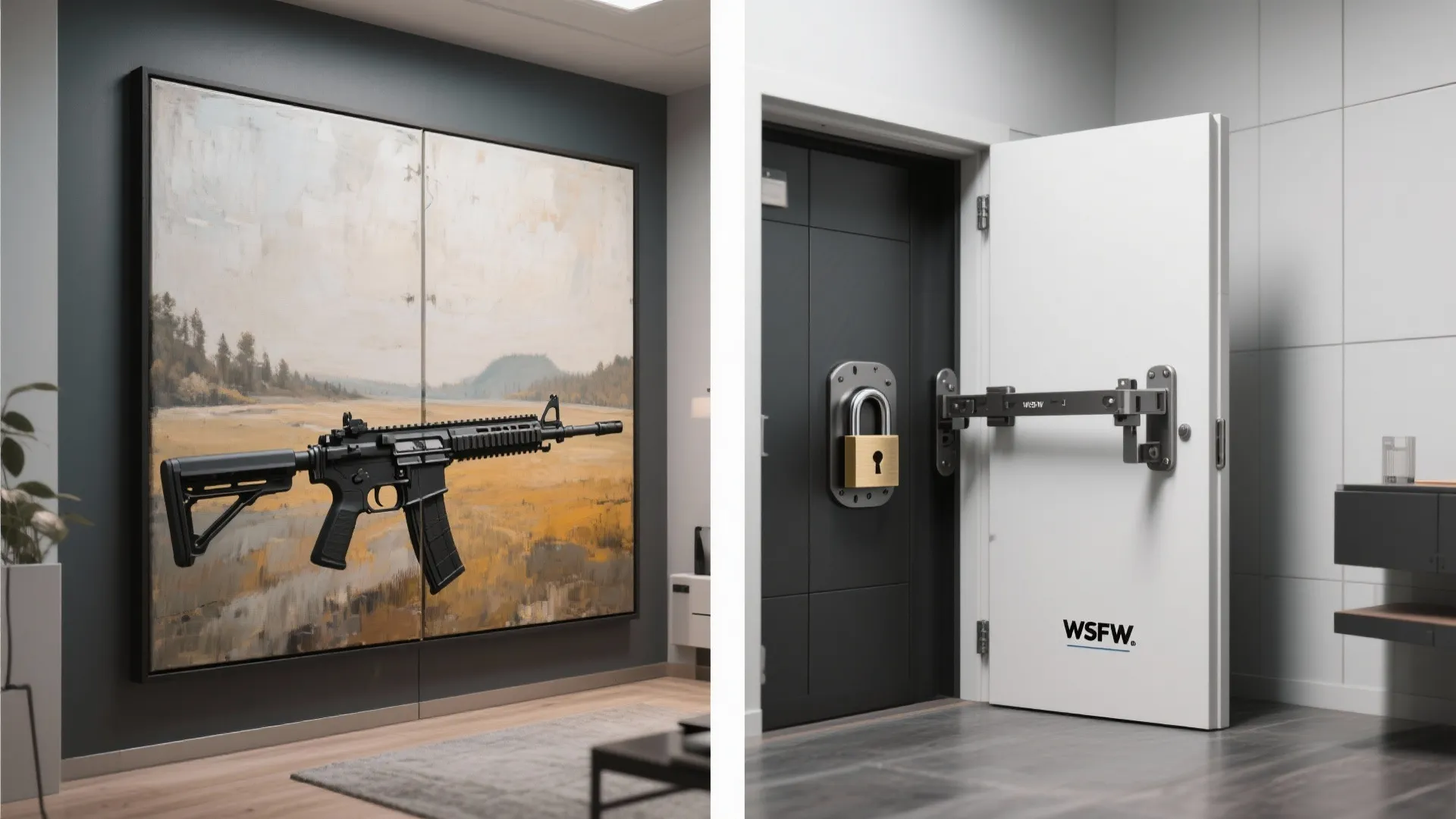 Hidden wall storage behind art piece and secure white door with metal lock for safety