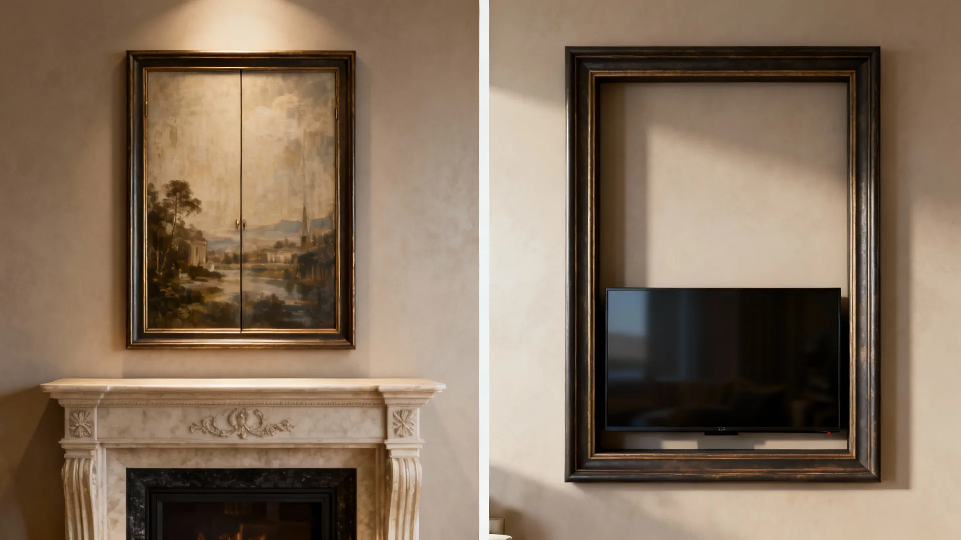 Framed artwork above a fireplace that conceals a hidden TV, shown before and after reveal.