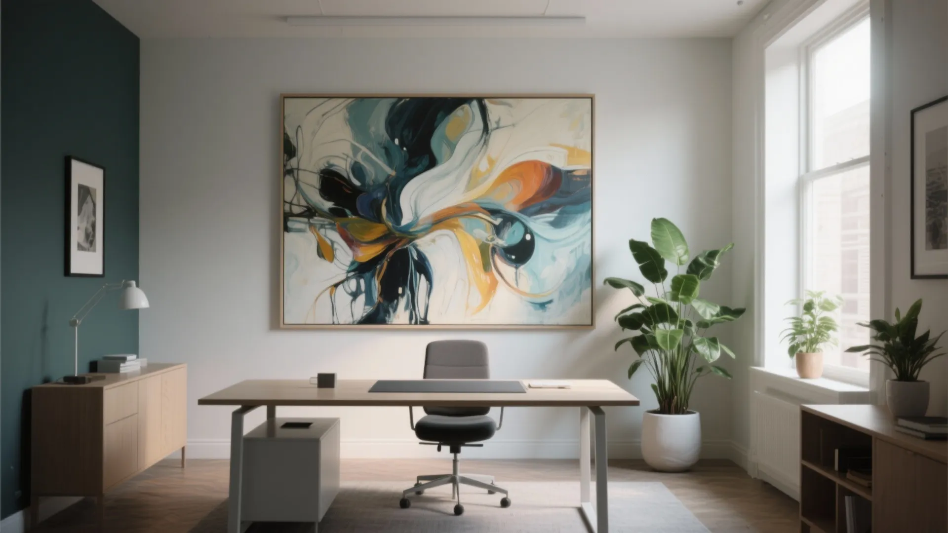 Modern home office featuring large abstract wall painting, wooden desk, grey chair, and green plants