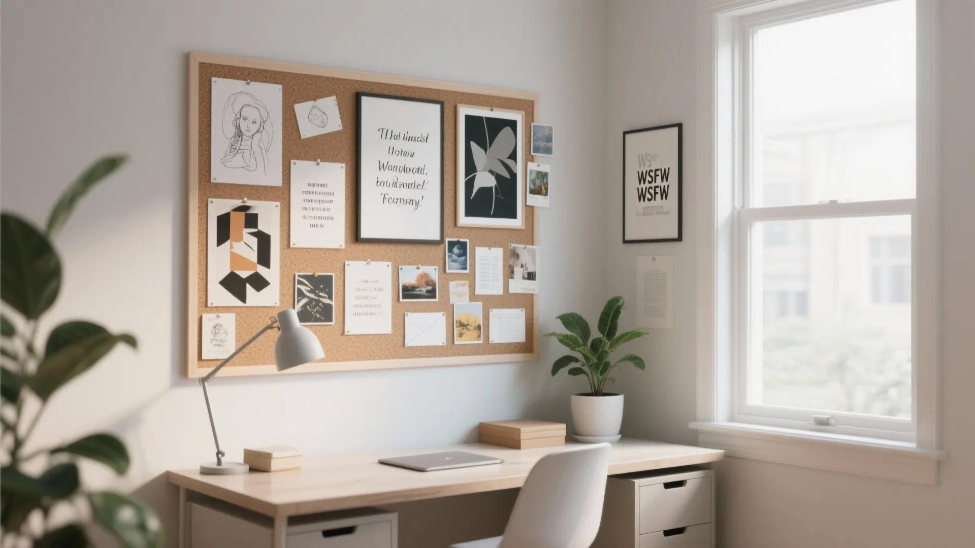 Minimalist workspace with wooden desk desk lamp and cork board for inspiration notes near window