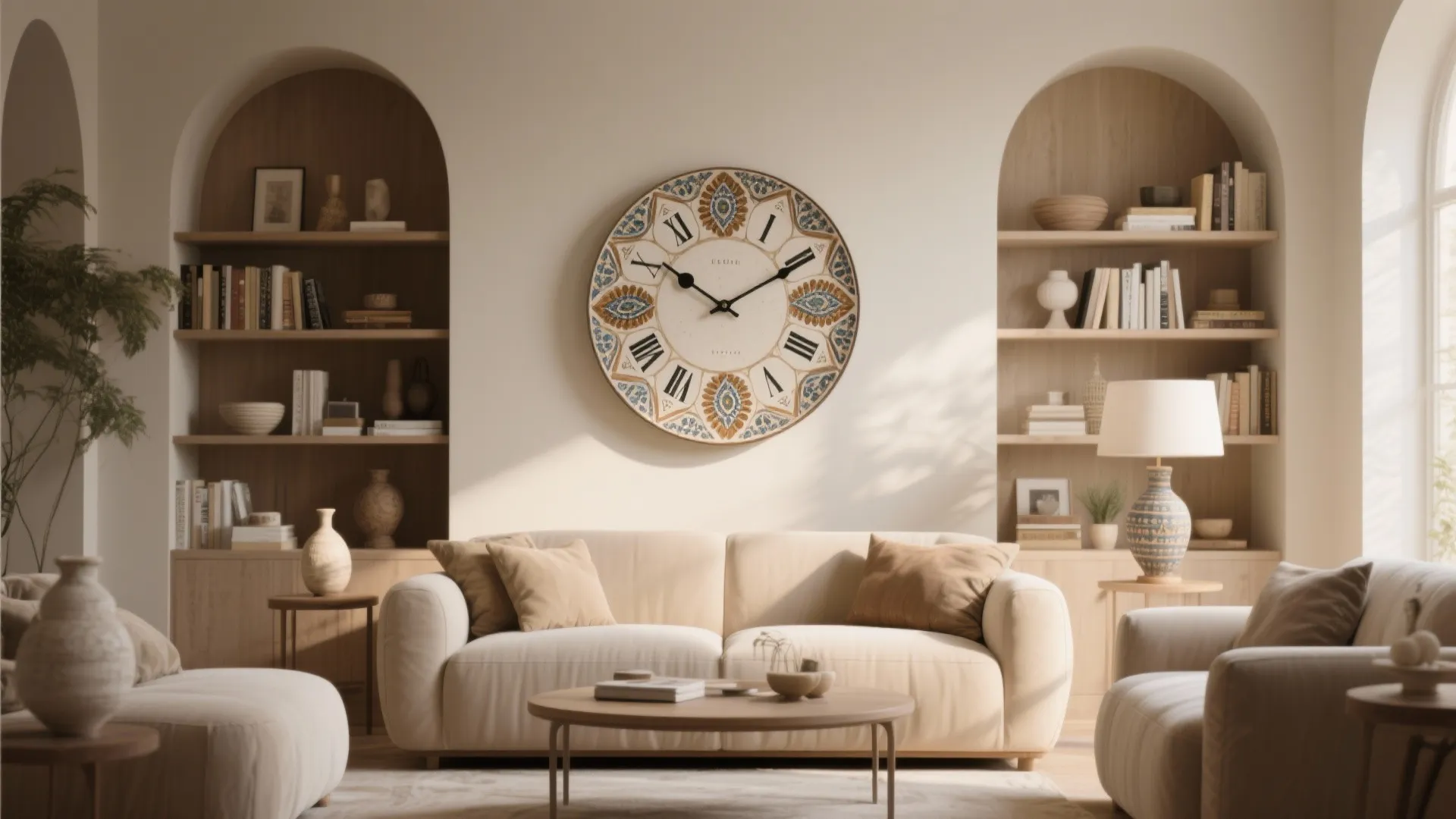 Artistic ceramic wall clock in a cozy living room