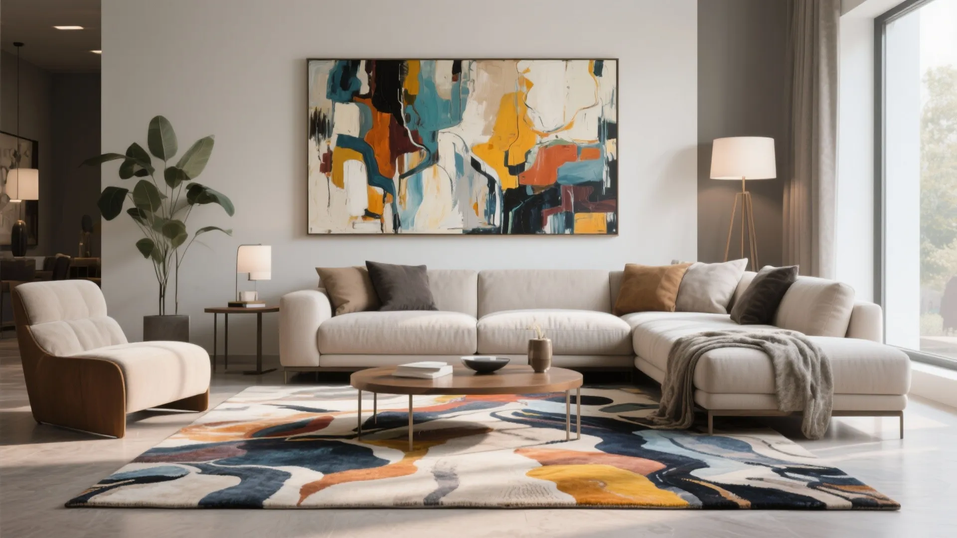 Bright living room with abstract colorful rug cream sofa large wall art and round coffee table