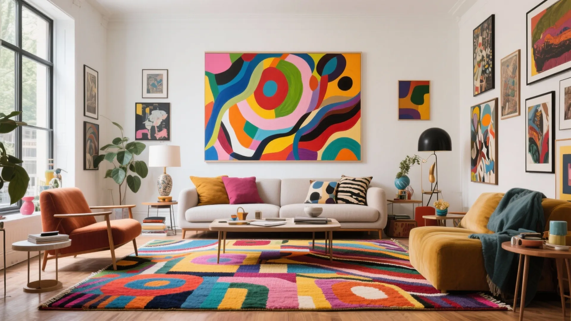 Eclectic living room with a colorful patterned rug large abstract wall art and white sofa