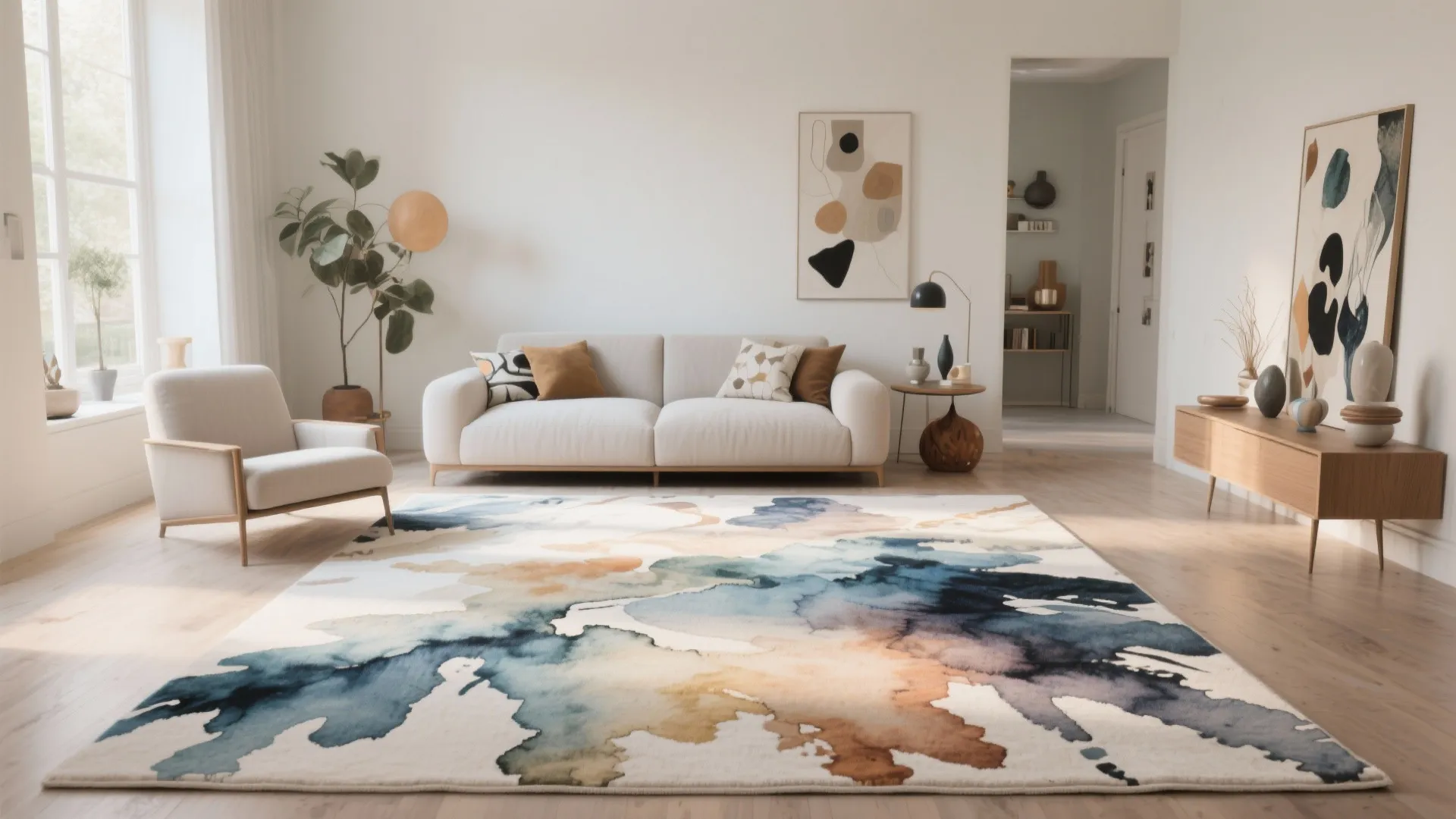 Bright living room featuring an artistic watercolor rug, white sofa, armchair, and simple wooden furniture pieces