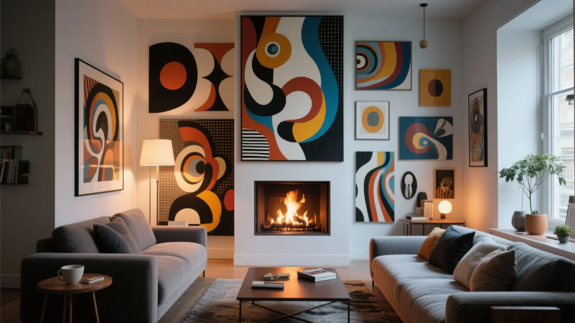 Modern living room with an off-center fireplace within an art wall