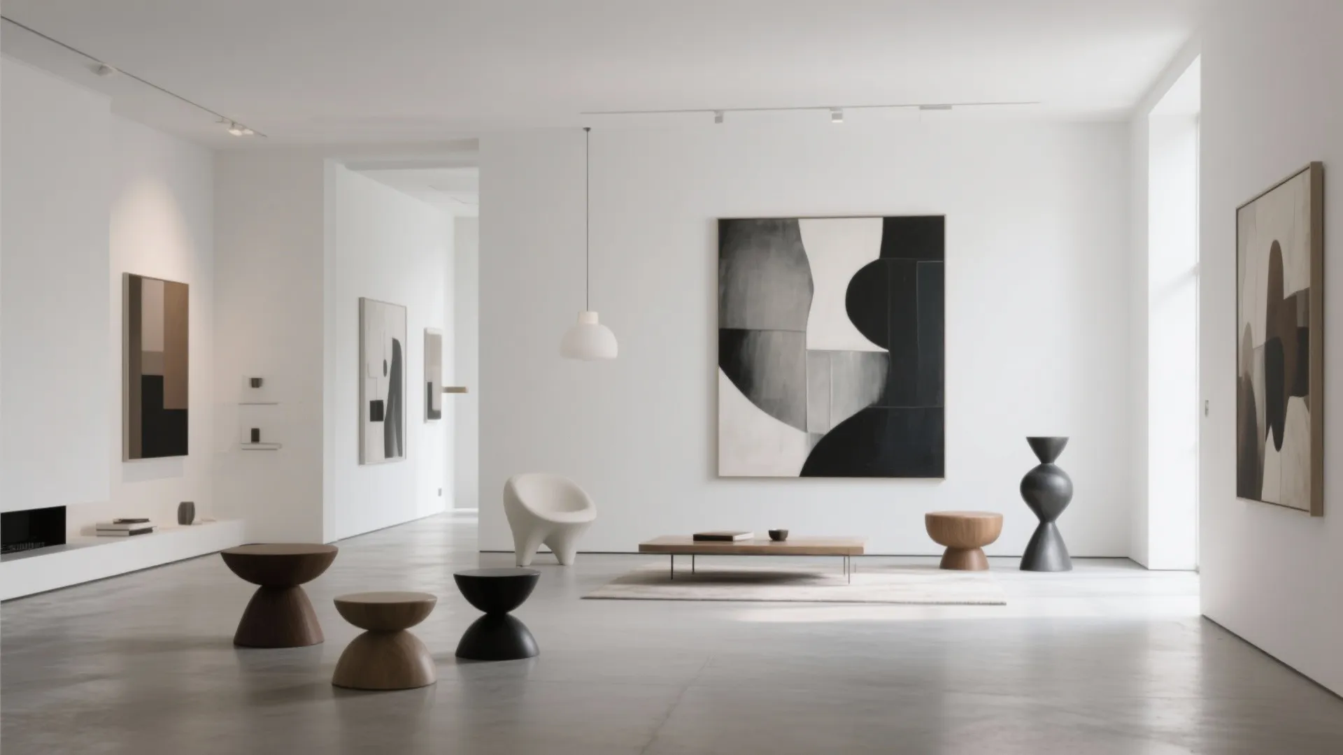 Modern white gallery living room with abstract wall art wooden coffee table and unique chairs