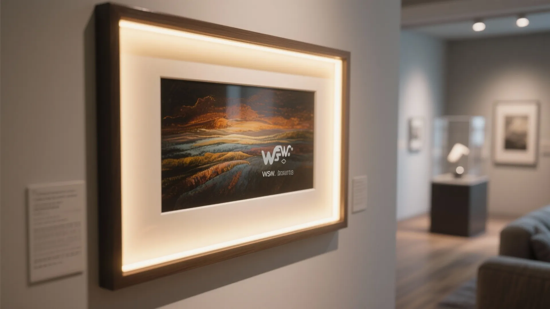 Art frame with built in light strip hanging on a wall in a clean gallery room