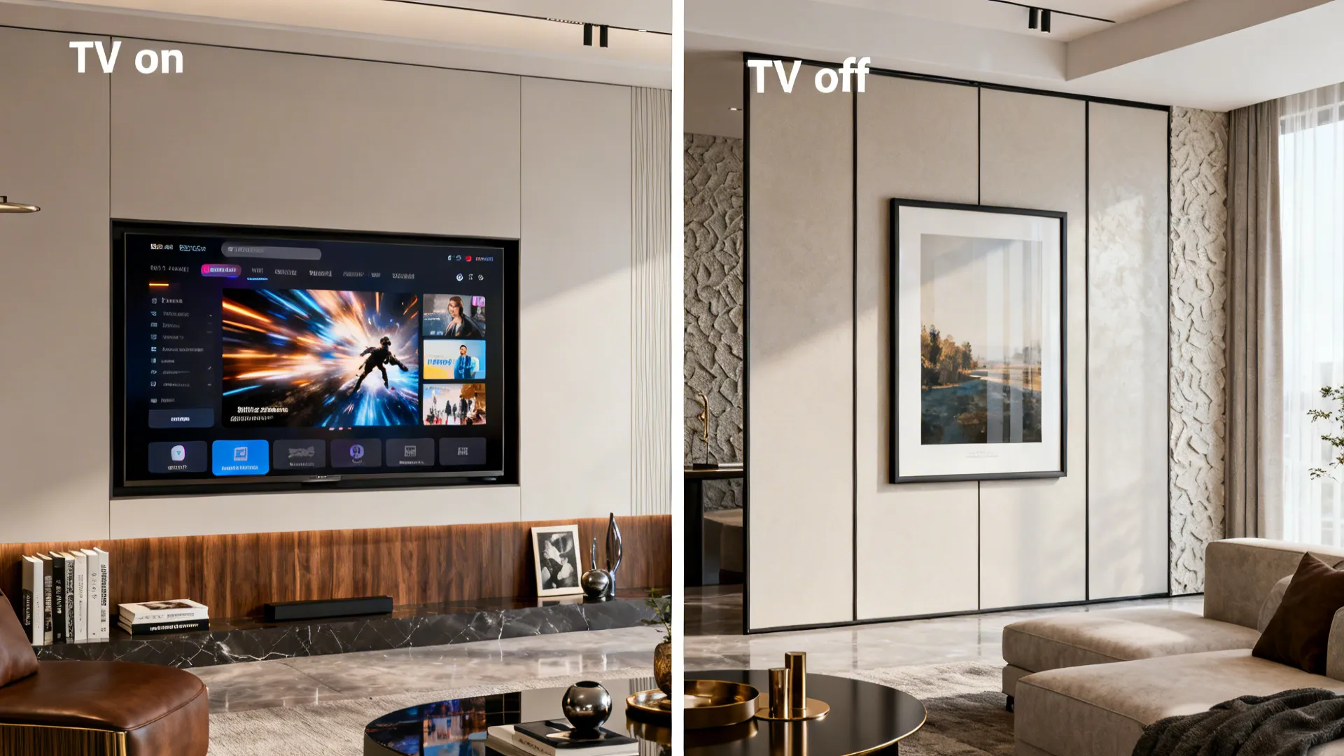 Split-view of a 55-inch TV integrated with an art sliding panel: on-screen view and hidden art view.