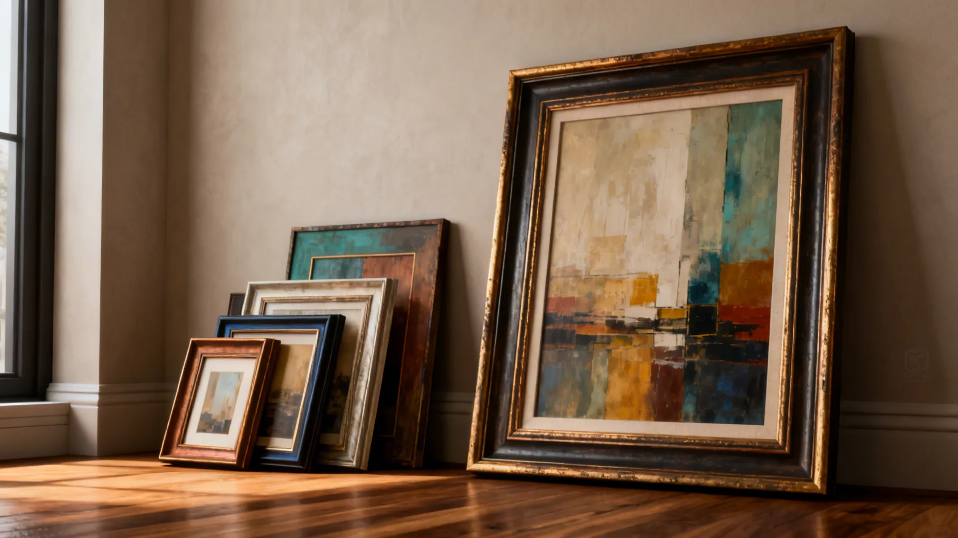 Corner with a leaning large frame and layered smaller frames creating a statement gallery.