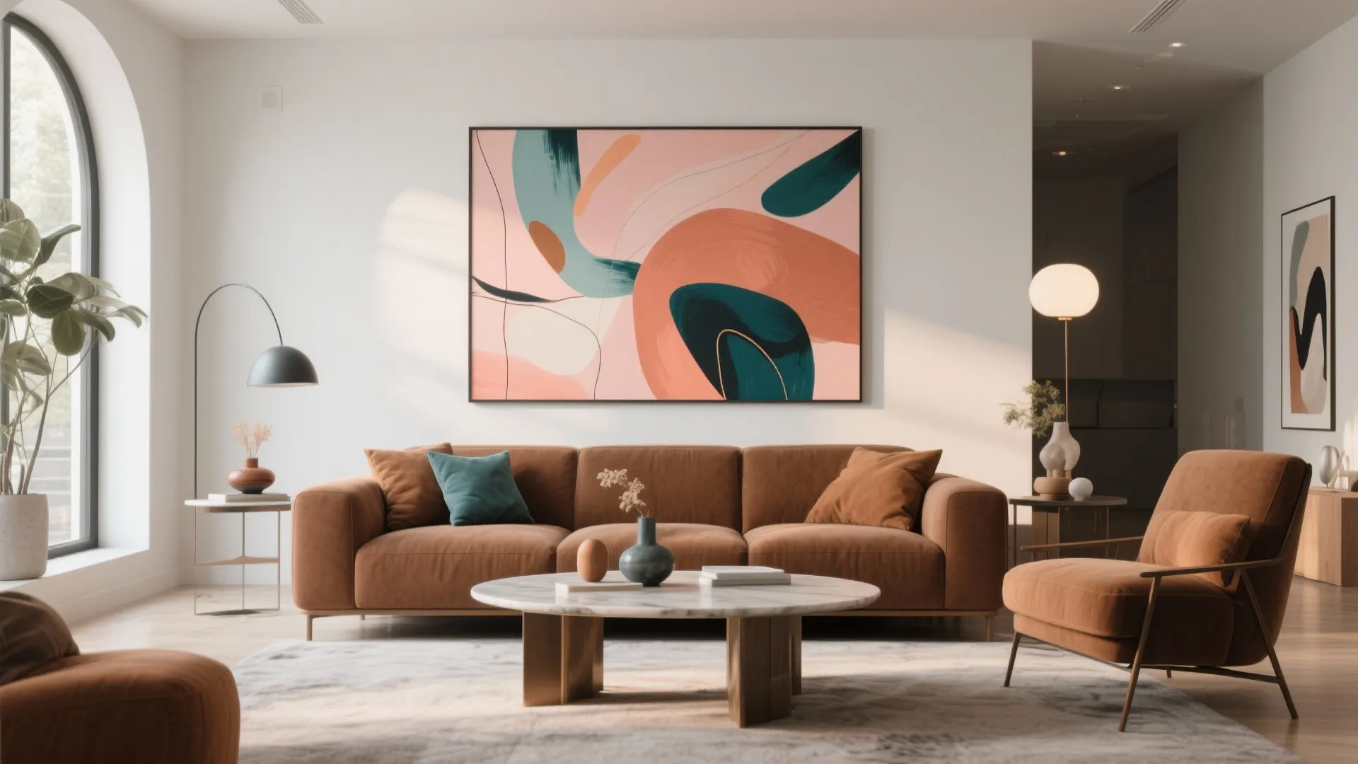 Brown couch styled with abstract art in coral and teal tones