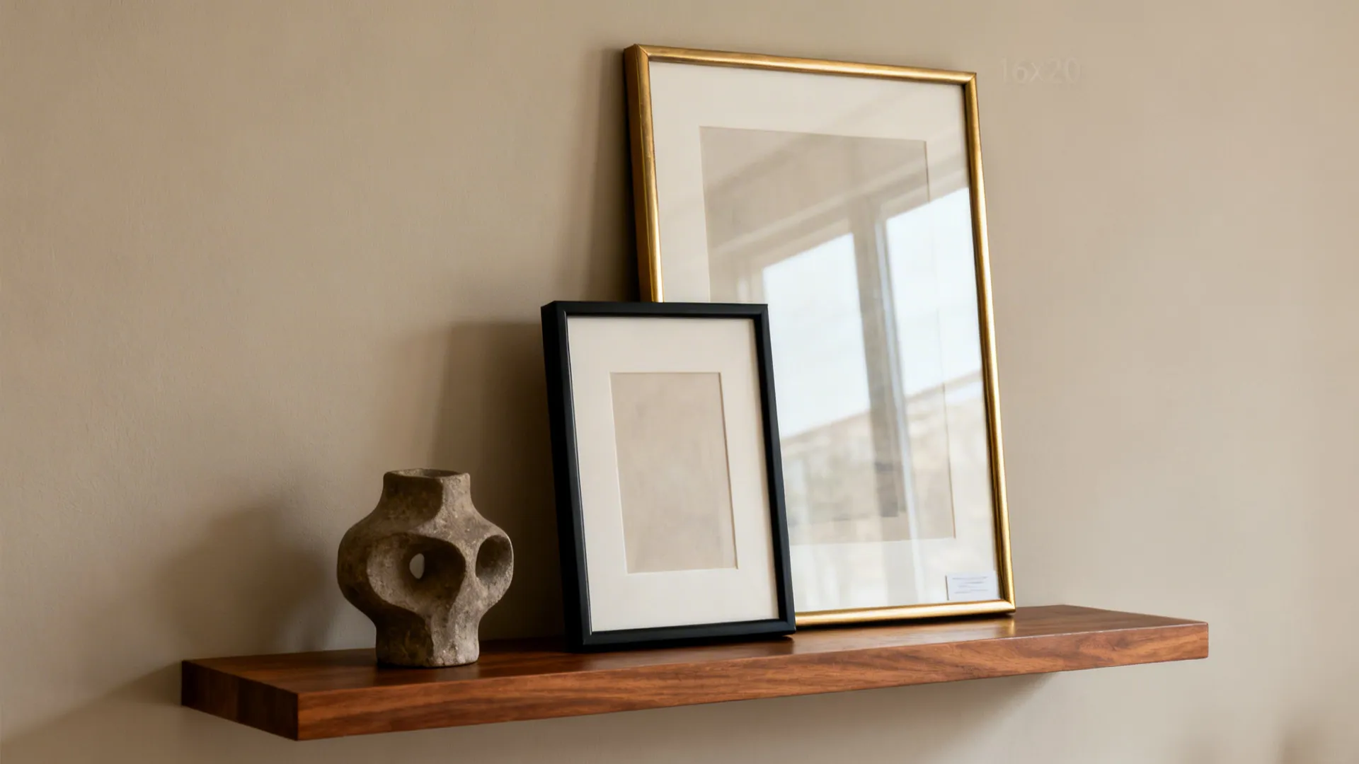 Macro view of leaning frames and a sculptural object on a walnut shelf with clean negative space.