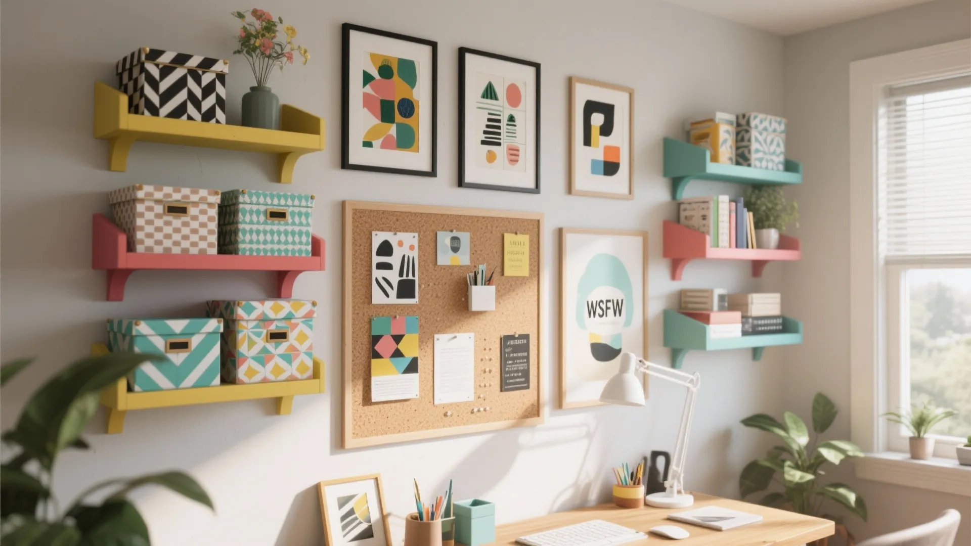 Bright home office with colorful wall shelves cork board framed art table lamp and keyboard