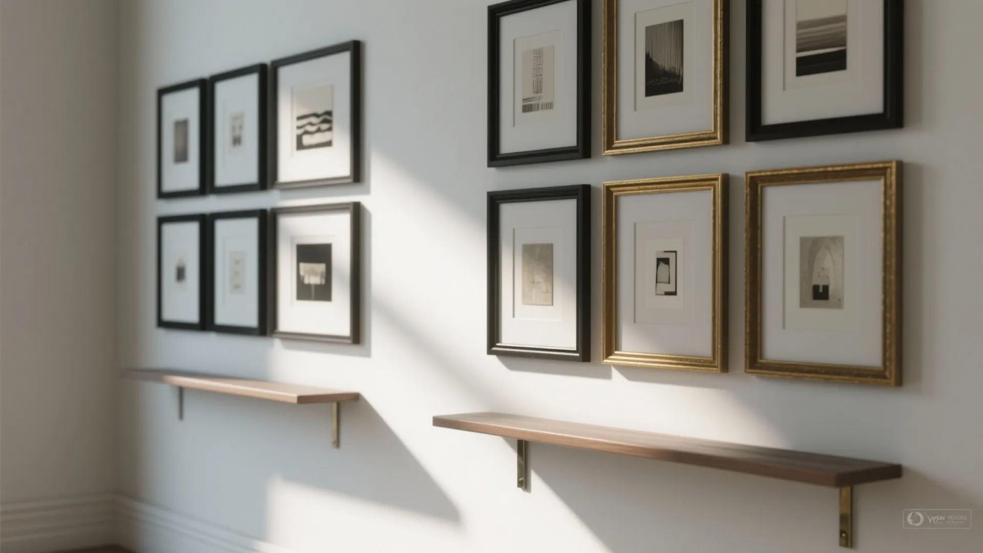 Minimalist white wall decorated with black and gold picture frames above two wooden wall shelves